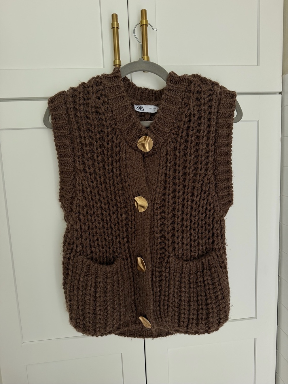 Zara Brown Chunky Knit Buttoned Vest with Gold-Tone Buttons